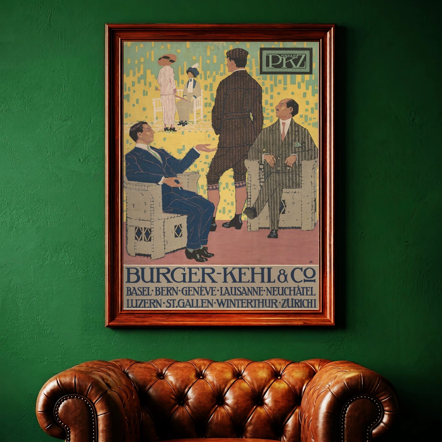 Darstellung der Mode des frühen 20. Jahrhunderts mit PKZ Markenzeichen oben rechts auf dem Vintage-Poster.
