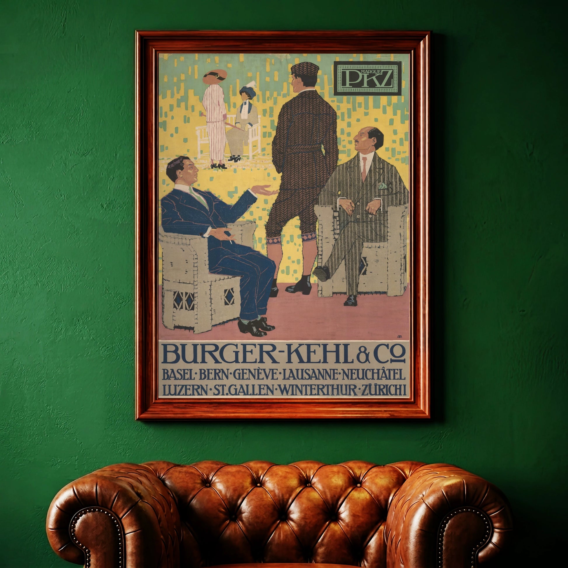 Darstellung der Mode des frühen 20. Jahrhunderts mit PKZ Markenzeichen oben rechts auf dem Vintage-Poster.