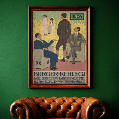 Darstellung der Mode des frühen 20. Jahrhunderts mit PKZ Markenzeichen oben rechts auf dem Vintage-Poster.