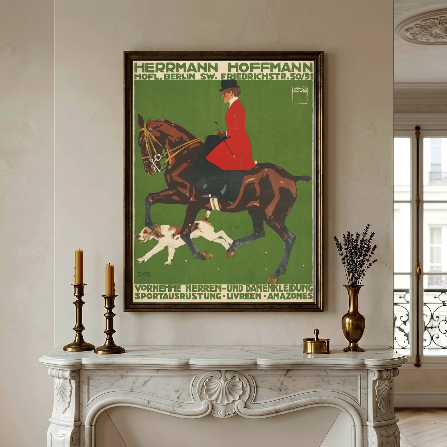 Detailaufnahme der Reiterszene im Stil des Plakatstils von Ludwig Hohlwein.