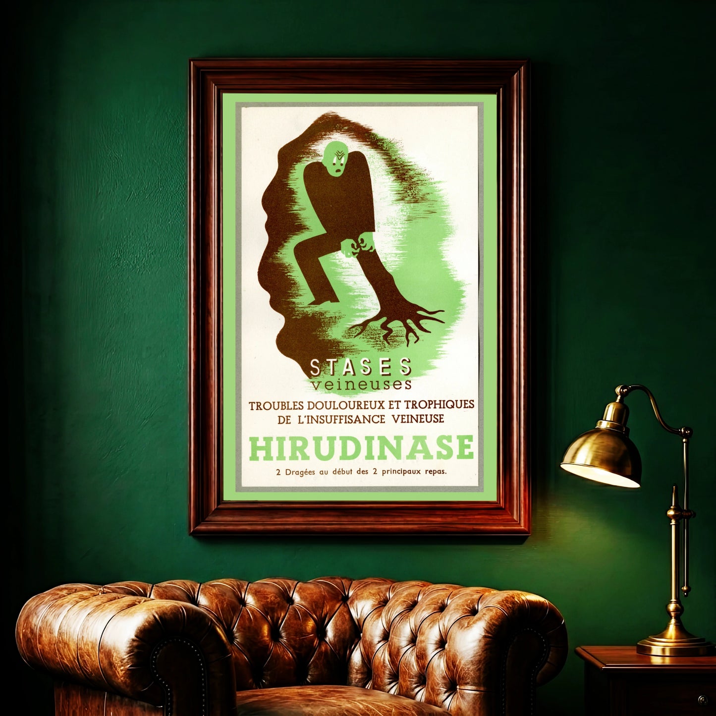 Vintage Poster Hirudinase mit stilisierter grüner Figur und brauner Typografie.