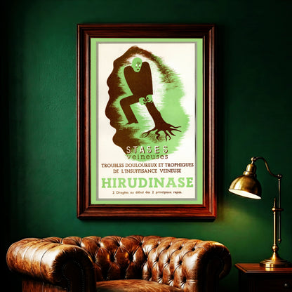 Vintage Poster Hirudinase mit stilisierter grüner Figur und brauner Typografie.