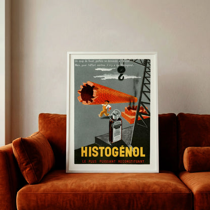 Grafisches Plakat in Orange und Grau zeigt ein medizinisches Fläschchen Histogénol.