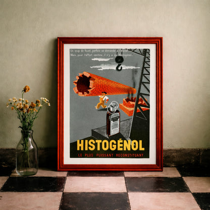 Vintage Histogénol Werbeplakat mit Bauarbeiter, der einen Schornstein trägt.