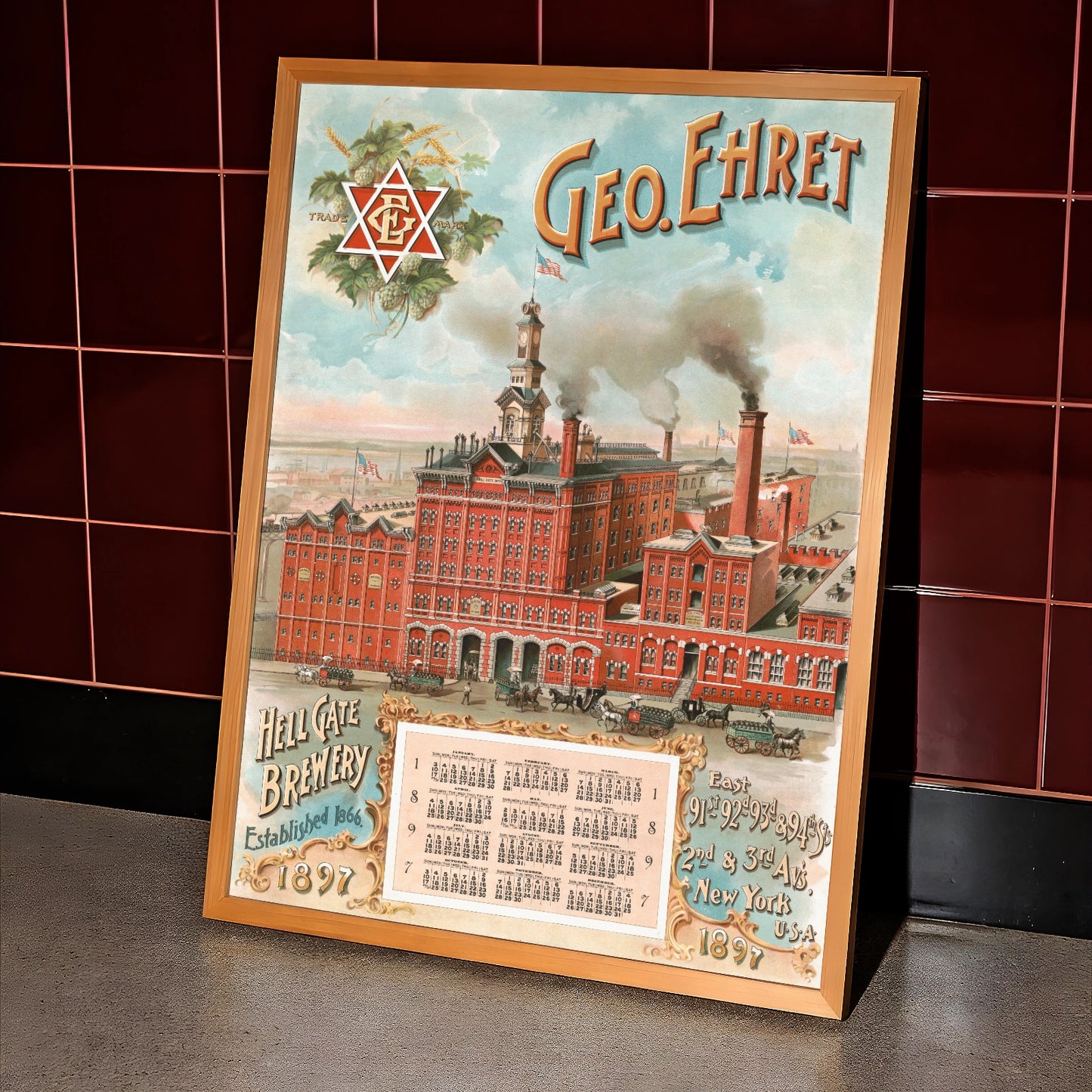 Historische amerikanische Bierwerbung mit Kalender für das Jahr 1897 und Industriebauten.