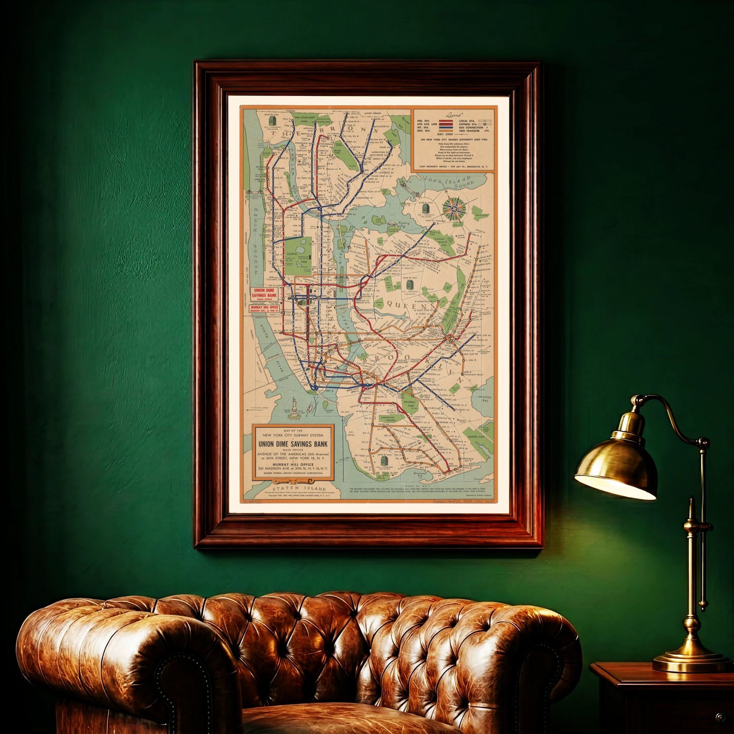 Mid-Century Grafikdesign einer NYC Subway Map der Union Dime Savings Bank.