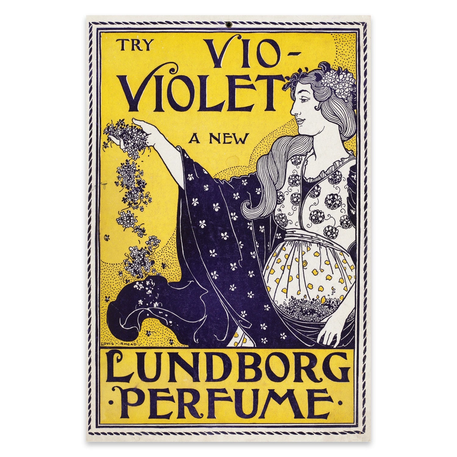 Vintage Kunstdruck einer Parfüm-Anzeige mit eleganter Jugendstil-Typografie.