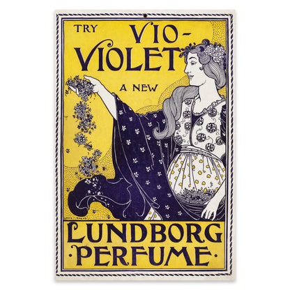 Vintage Kunstdruck einer Parfüm-Anzeige mit eleganter Jugendstil-Typografie.