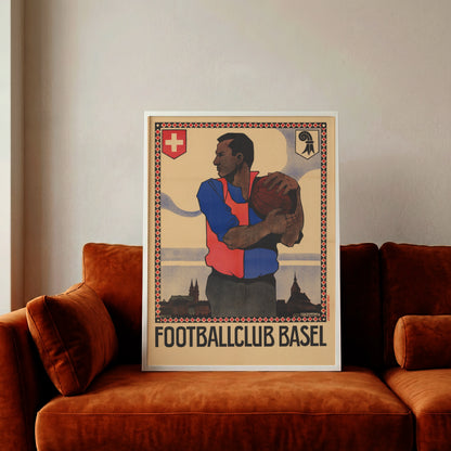 Klassisches Sportposter Footballclub Basel mit Schweizer Wappen und Baslerstab.