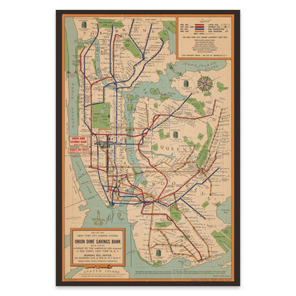 Retro Wandkunst Poster der New Yorker Subway Map Mitte des 20. Jahrhunderts.