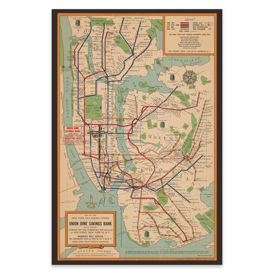 Retro Wandkunst Poster der New Yorker Subway Map Mitte des 20. Jahrhunderts.
