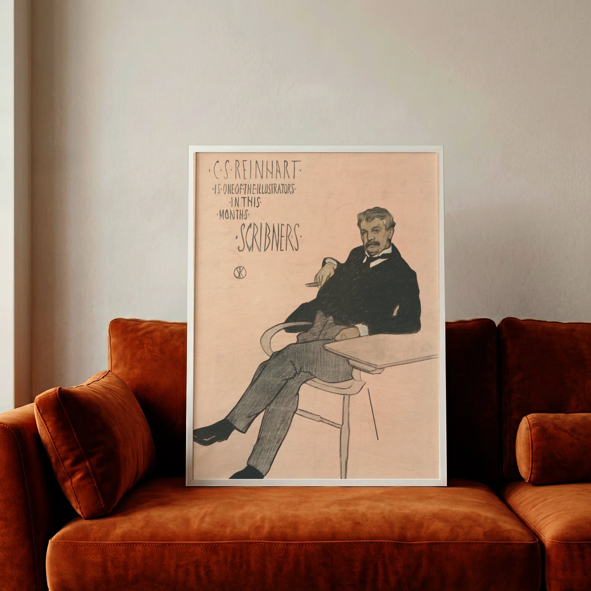 Grafisches Kunstwerk von William Sergeant Kendall zeigt einen Mann auf einem Stuhl sitzend.
