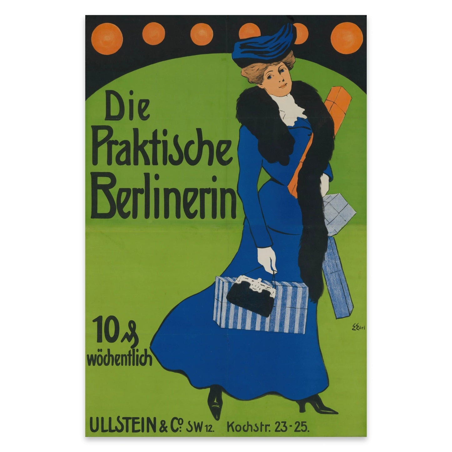 Jugendstil-beeinflusstes Werbeplakat für die Zeitschrift Die praktische Berlinerin.