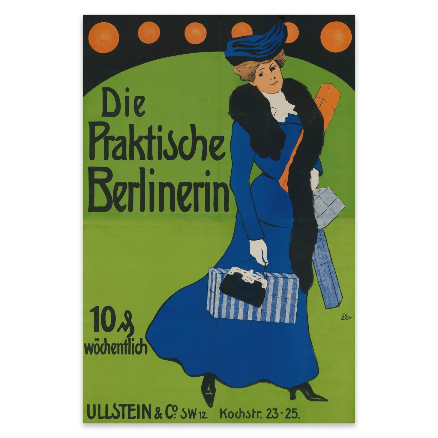 Jugendstil-beeinflusstes Werbeplakat für die Zeitschrift Die praktische Berlinerin.