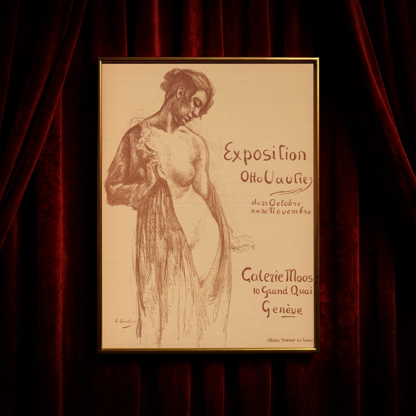Historisches Kunstplakat für eine Ausstellung in der Galerie Moos, 10 Grand Quai, Genève.
