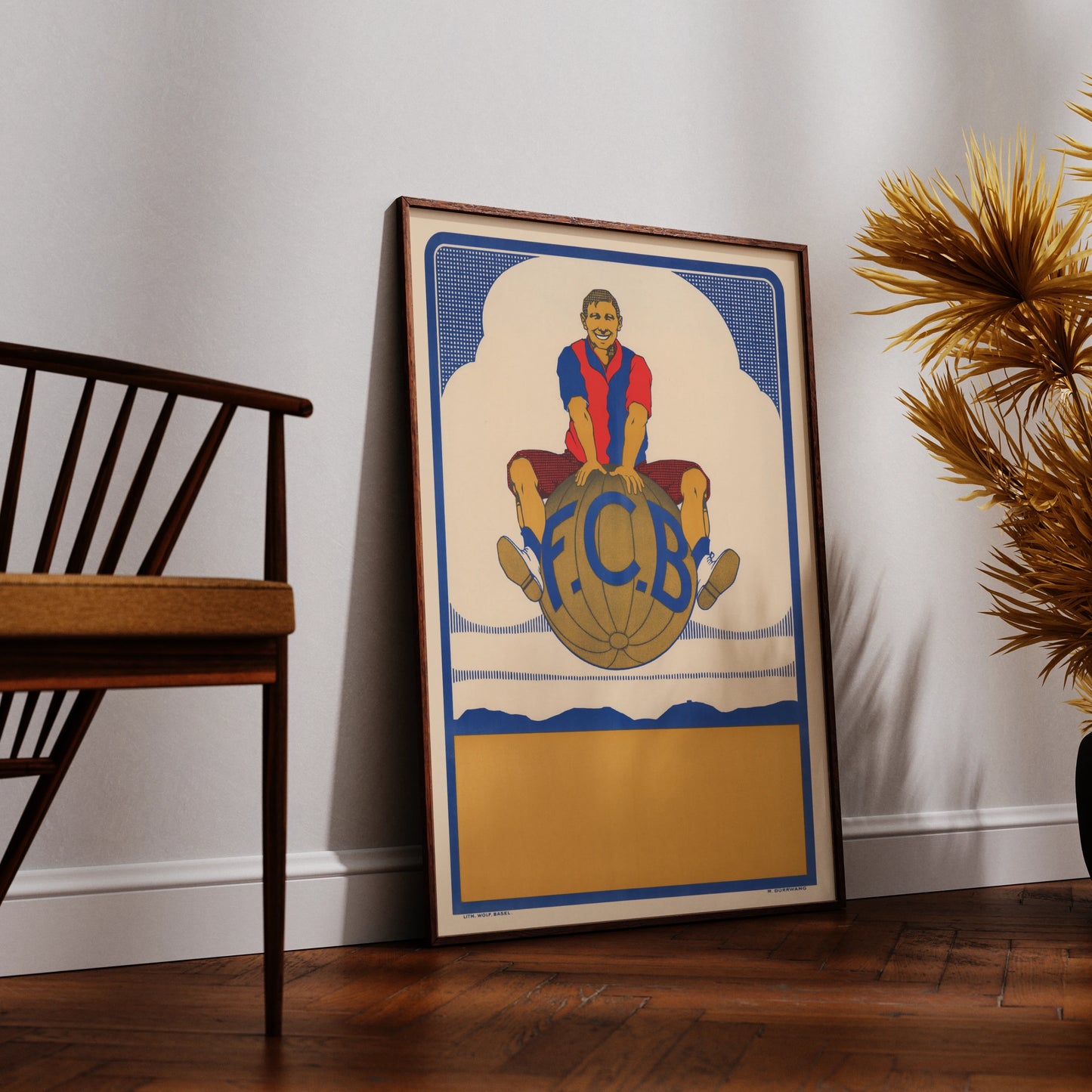 Grafisches Retro-Poster für Fußballfans mit historischem F.C. Basel Motiv.