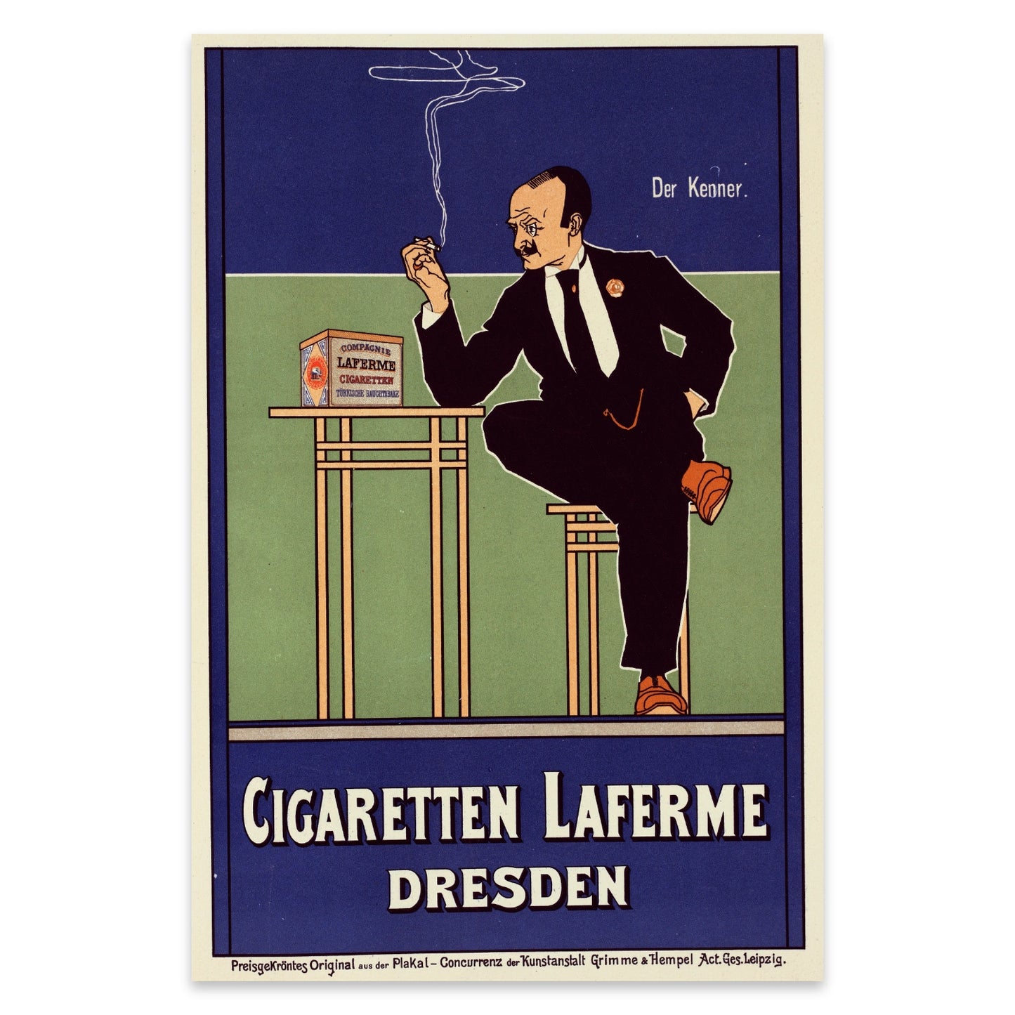 Vintage Kunstdruck Fritz Rehm Cigaretten Laferme mit blauen und grünen Akzenten.