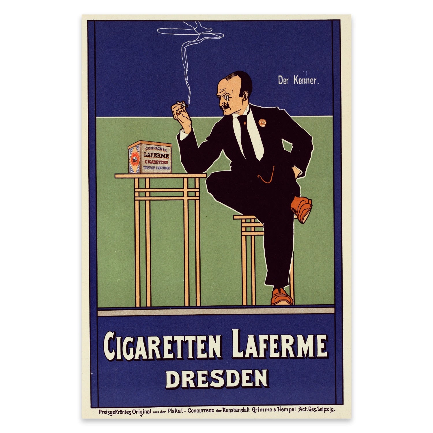 Vintage Kunstdruck Fritz Rehm Cigaretten Laferme mit blauen und grünen Akzenten.