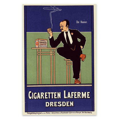 Vintage Kunstdruck Fritz Rehm Cigaretten Laferme mit blauen und grünen Akzenten.