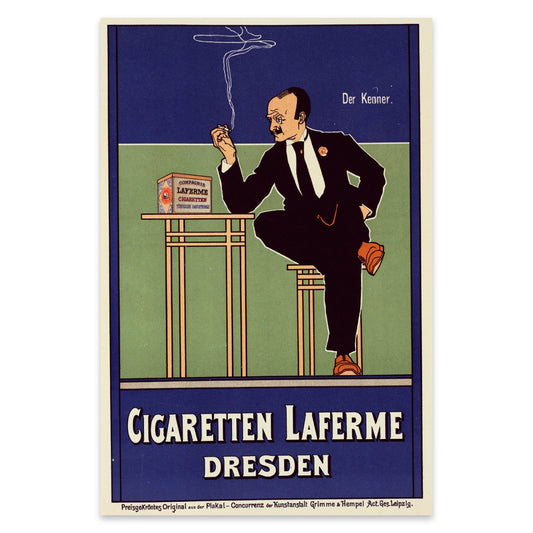 Vintage Kunstdruck Fritz Rehm Cigaretten Laferme mit blauen und grünen Akzenten.