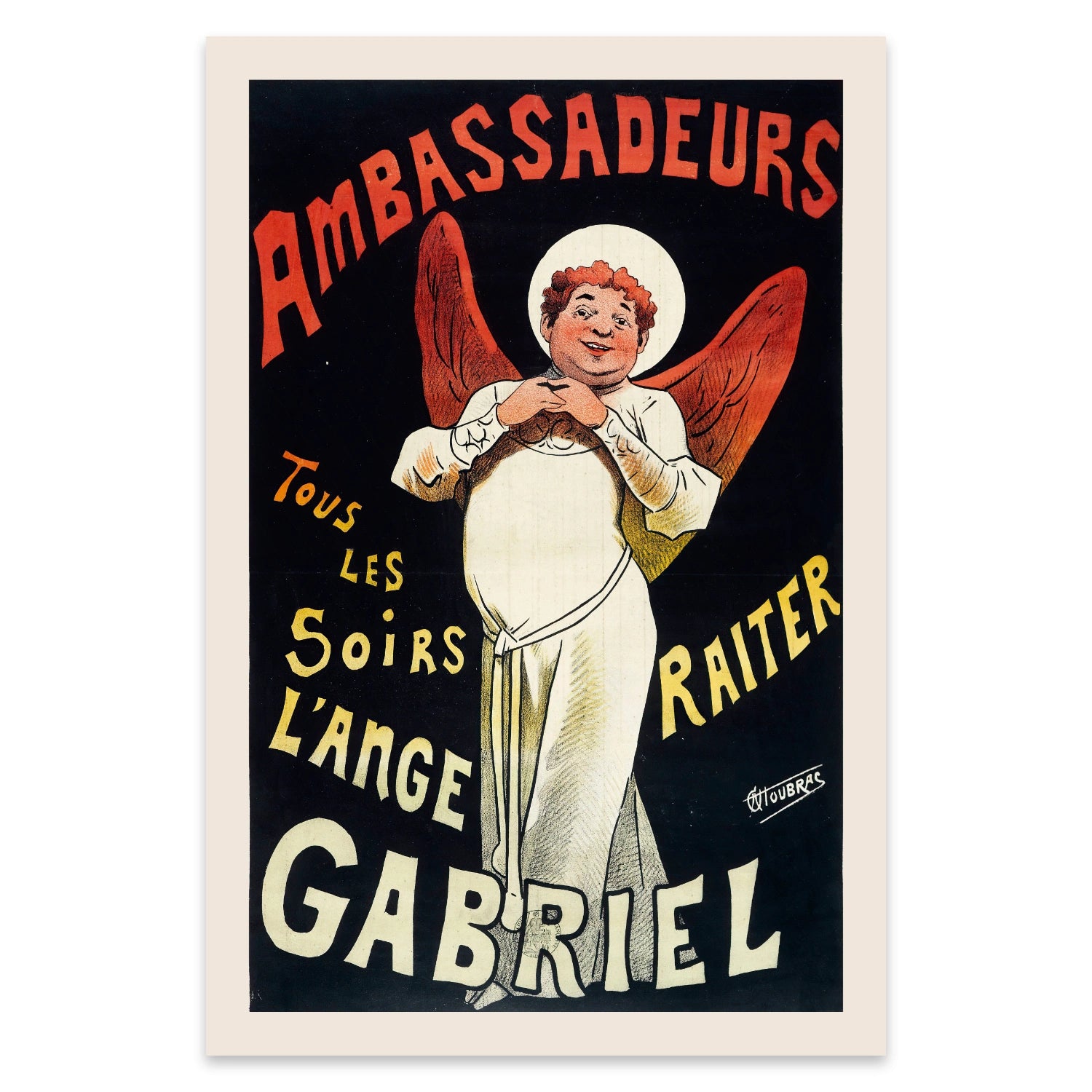 Retro-Posterdruck eines französischen Werbeplakats mit kontrastreicher Farbgestaltung in Rot und Gelb.
