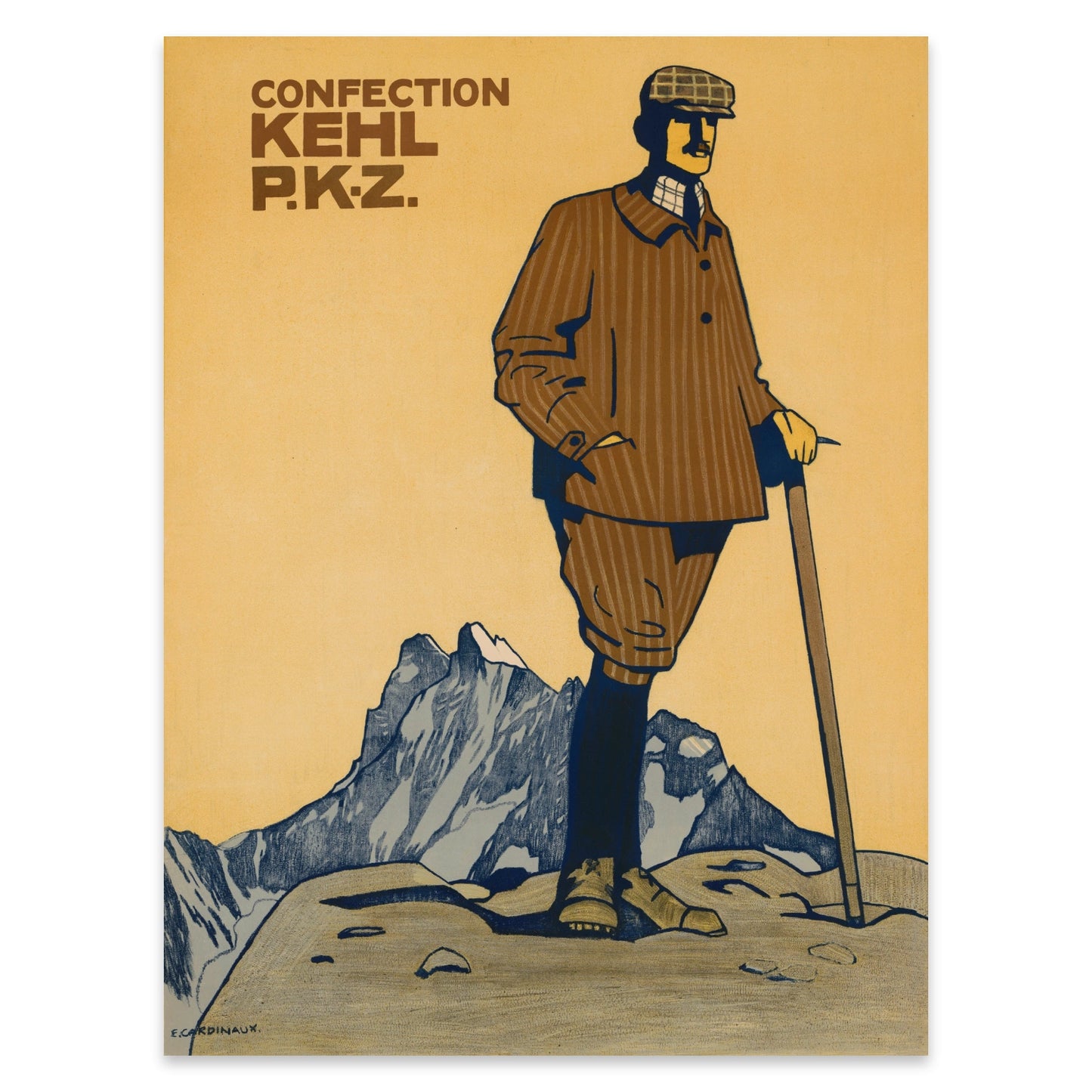 Retro-Plakat eines Bergsteigers in braunen Tönen, Kunstwerk von Emil Cardinaux.