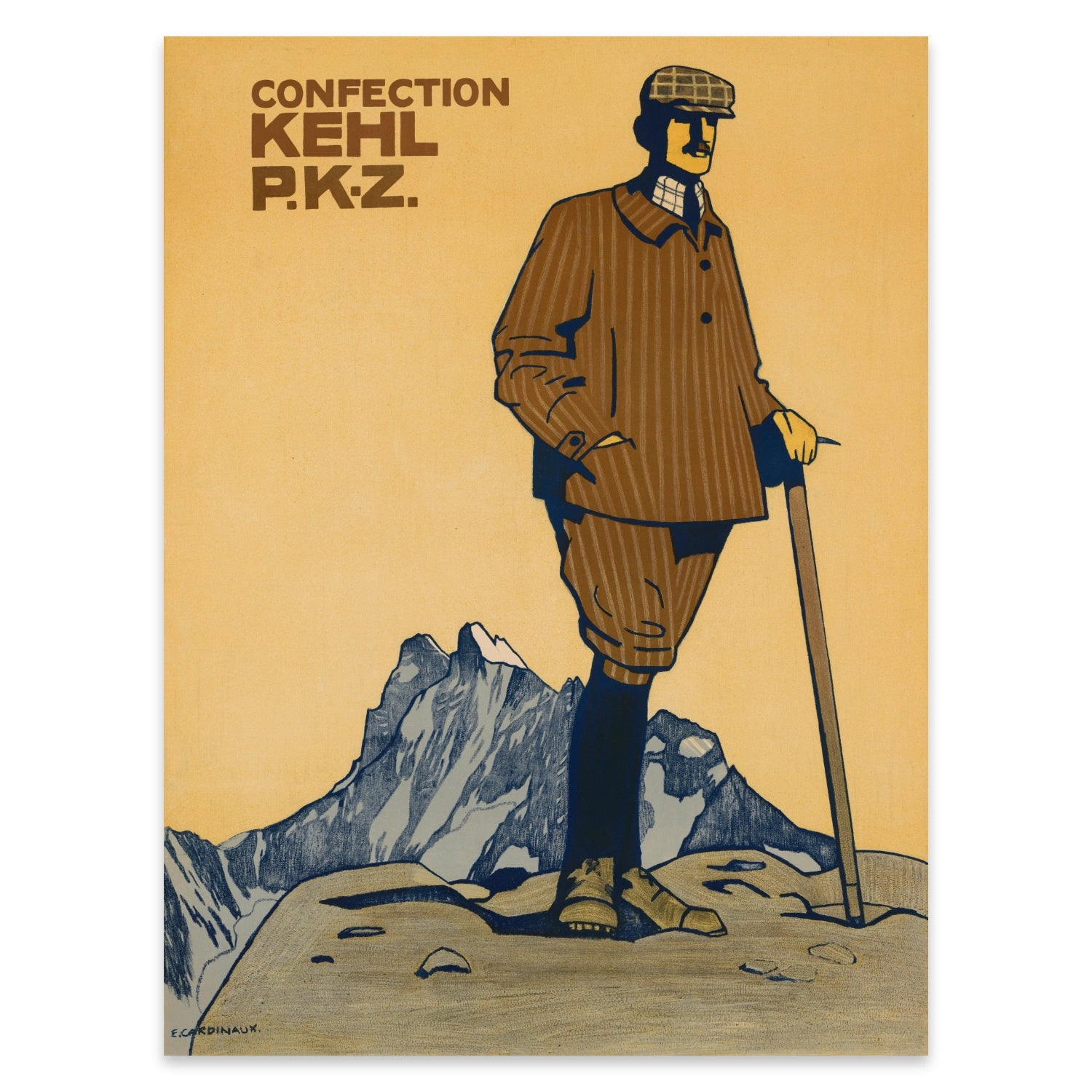 Retro-Plakat eines Bergsteigers in braunen Tönen, Kunstwerk von Emil Cardinaux.