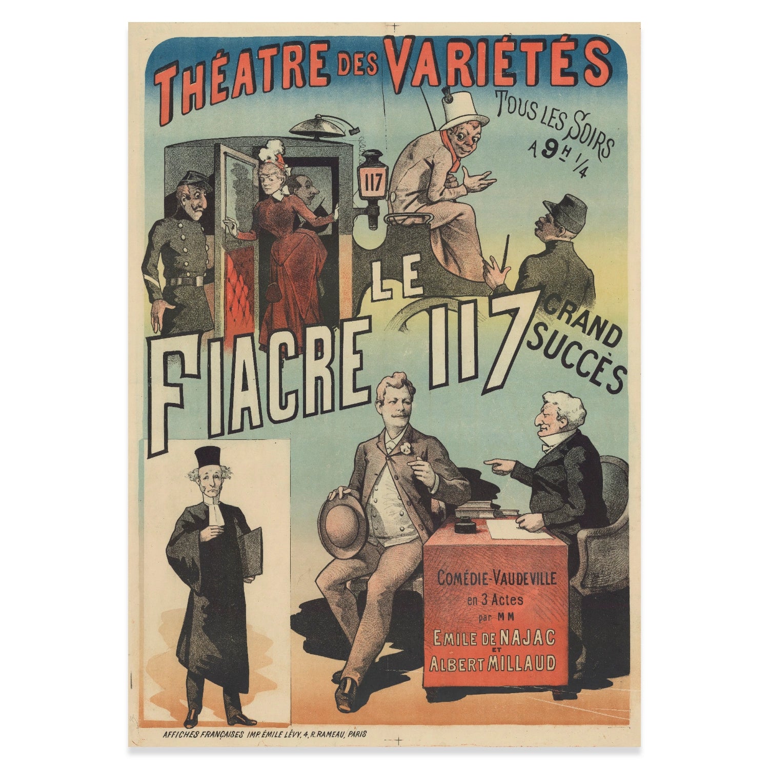 Französisches Werbeplakat aus dem 19. Jahrhundert für das Stück Le Fiacre 117.