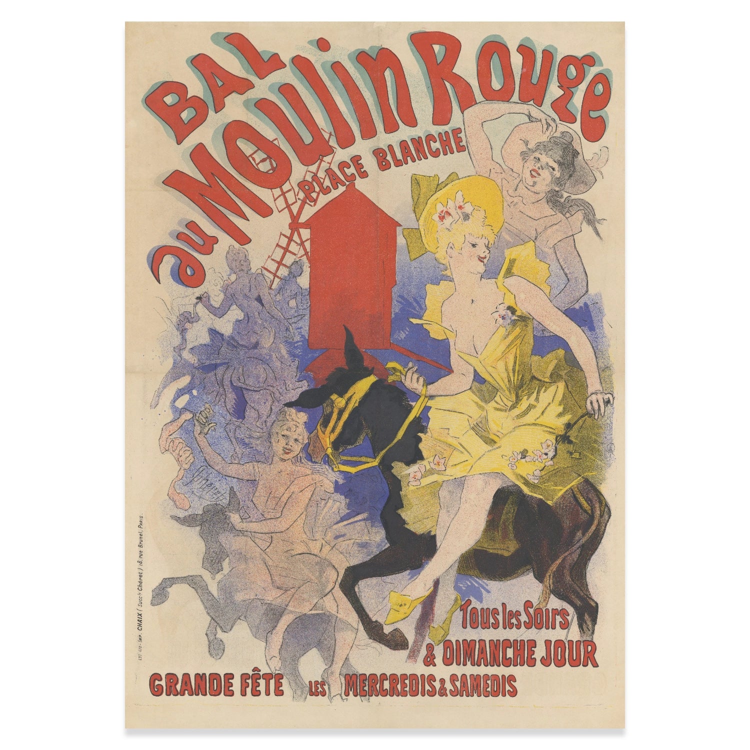 Klassisches Moulin Rouge Plakat mit dynamischer Typografie und Tanzszenen.