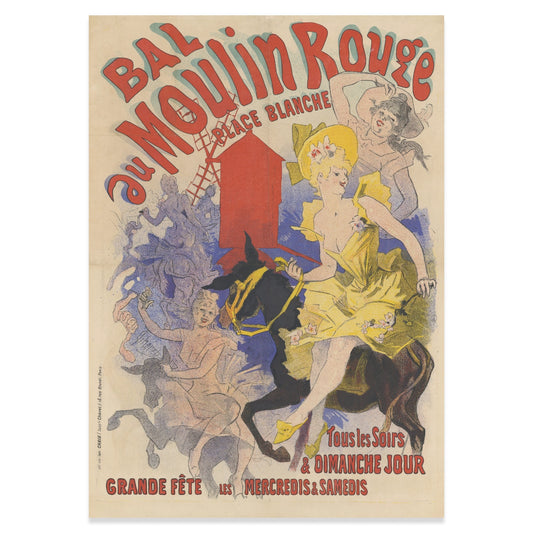 Klassisches Moulin Rouge Plakat mit dynamischer Typografie und Tanzszenen.