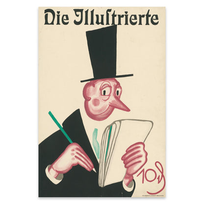 Künstlerisches Retro-Poster eines Zeitungslesers mit hohem Hut im expressionistischen Stil.