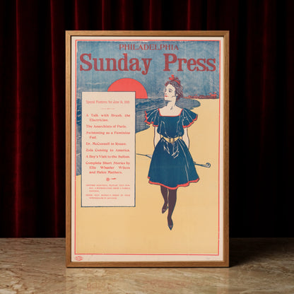 Amerikanisches Jugendstil-Plakatmotiv mit einer eleganten Dame im dunkelblauen Kleid.