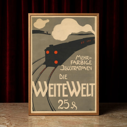 Historisches Bahnmotiv mit markanter Jugendstil-Schrift und rauchender Lokomotive.