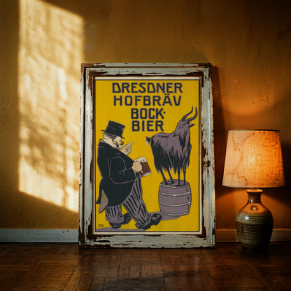 Gelbes Vintage Bierplakat mit markanter schwarzer Typografie und humorvoller Illustration.
