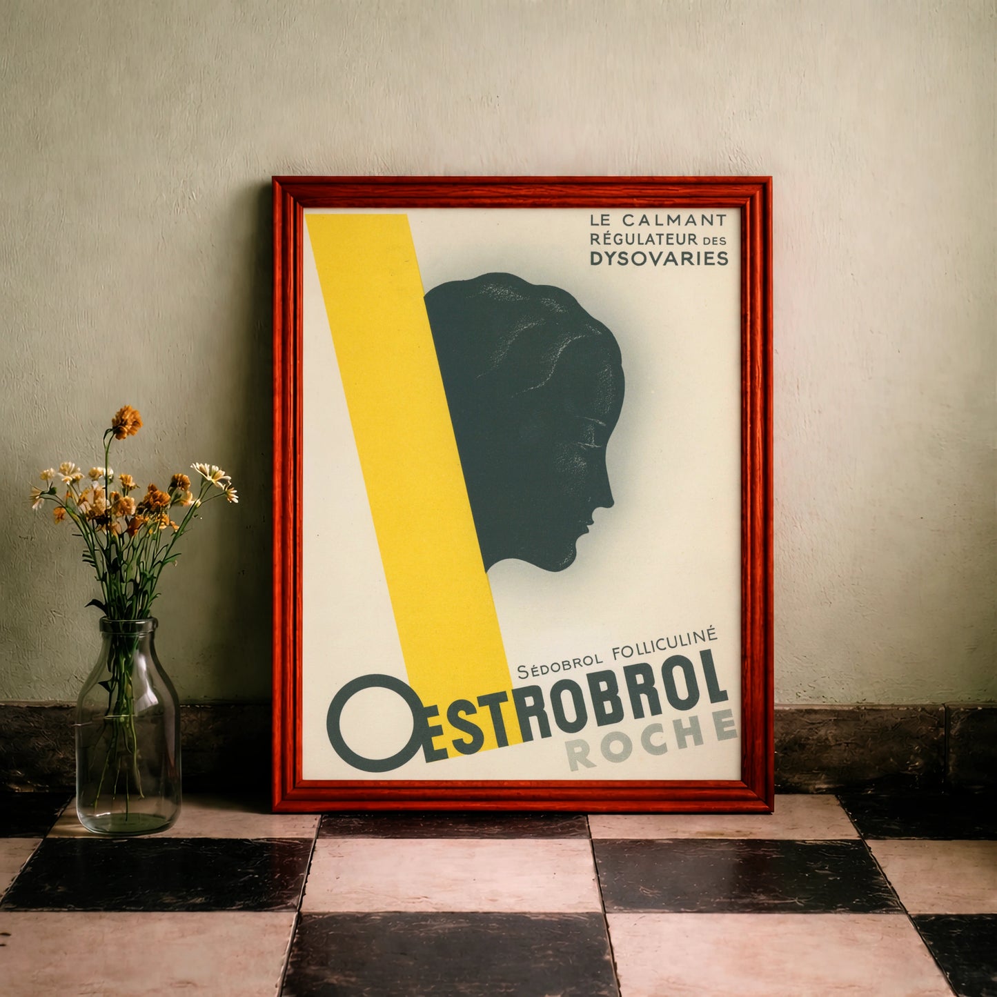 Retro Werbeplakat für Oestrobrol Hoffmann-La Roche im minimalistischen Grafikstil.