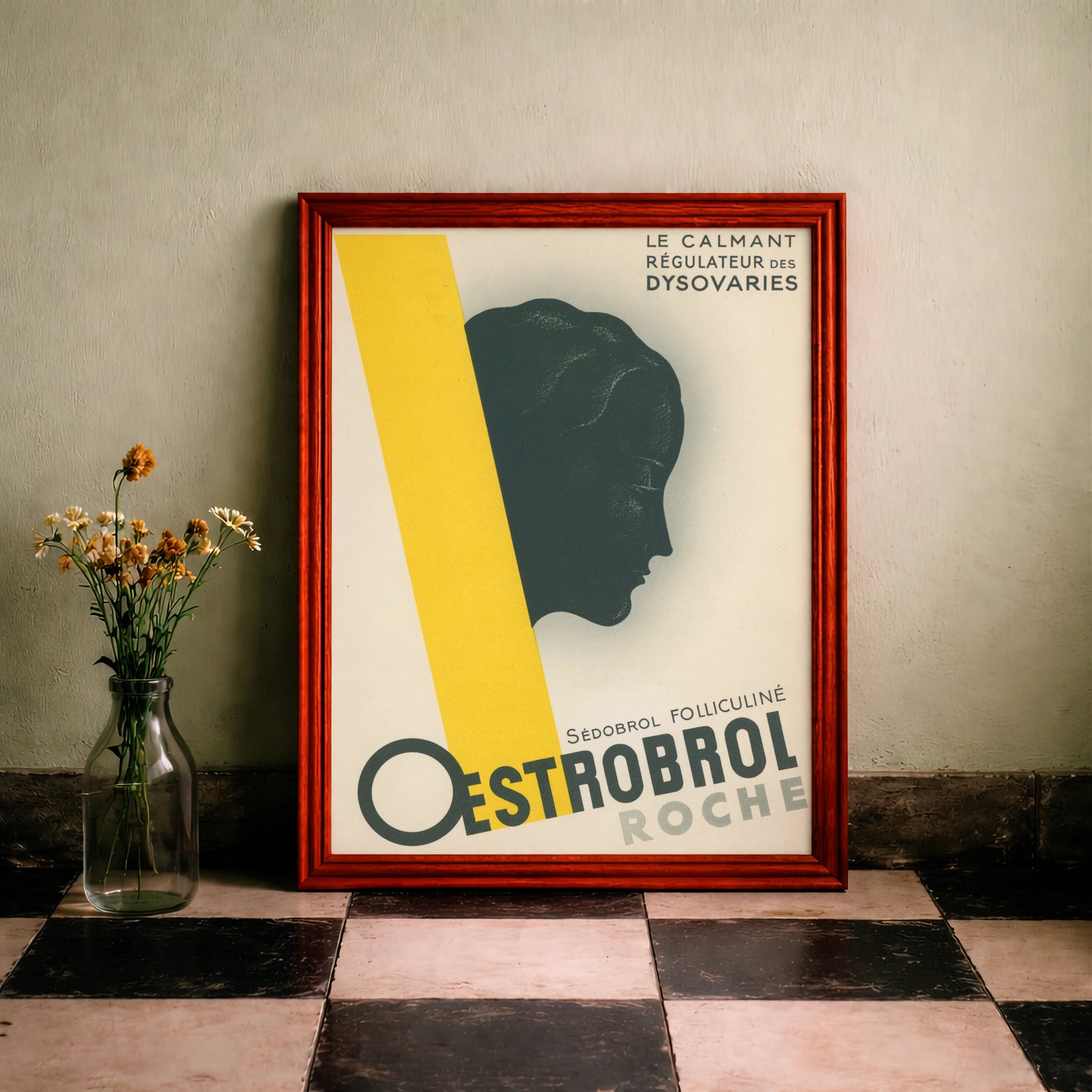Retro Werbeplakat für Oestrobrol Hoffmann-La Roche im minimalistischen Grafikstil.