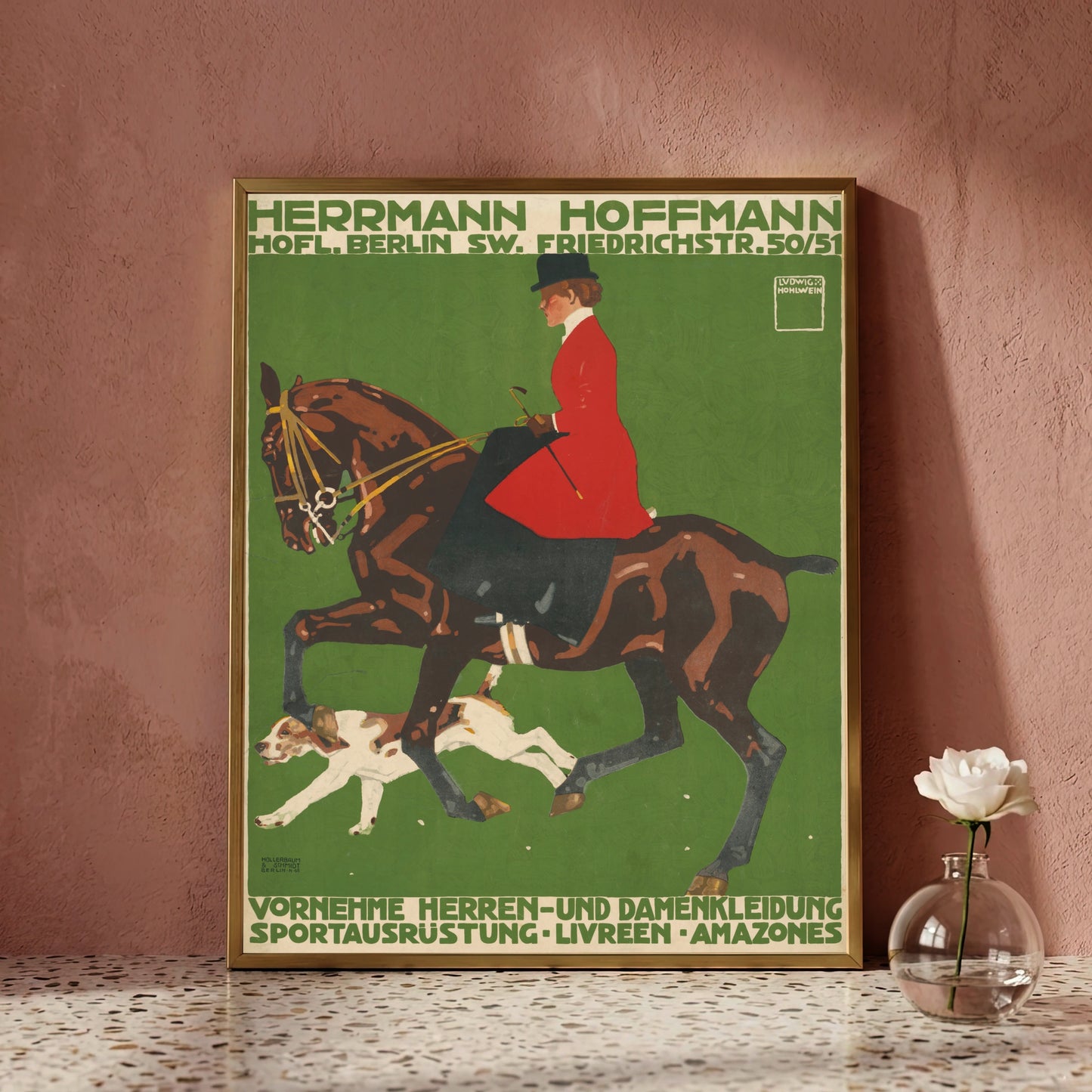 Antikes Modeplakat für Reitsport und livreen aus dem frühen 20. Jahrhundert.