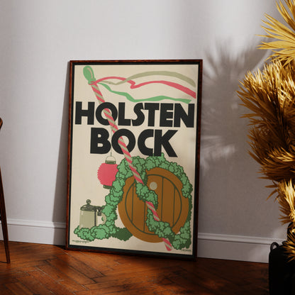 Vintage Bierplakat Holsten Bock von Julius Klinger aus dem Jahr 1910 mit Fass und Krug.