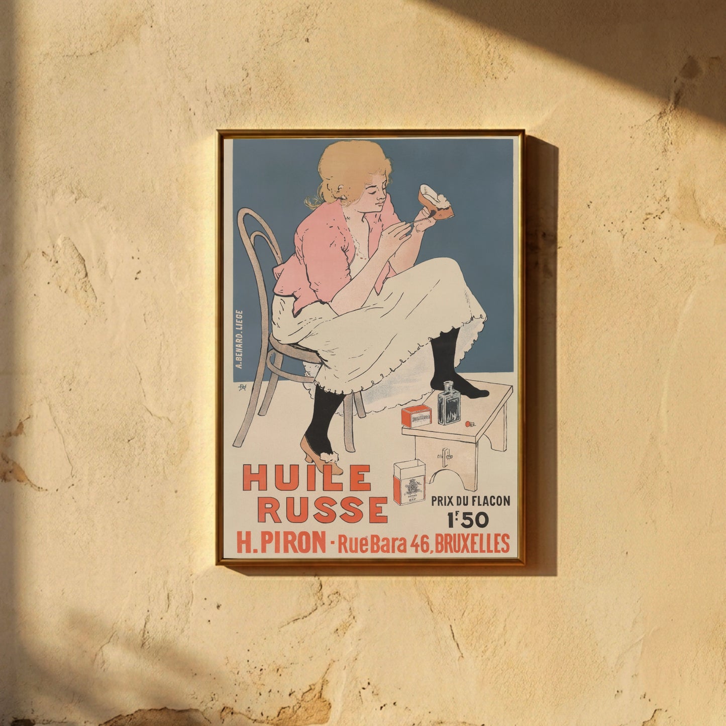 Armand Rassenfosse Vintage Plakat Huile Russe von 1896 zeigt eine Frau beim Schuheputzen.