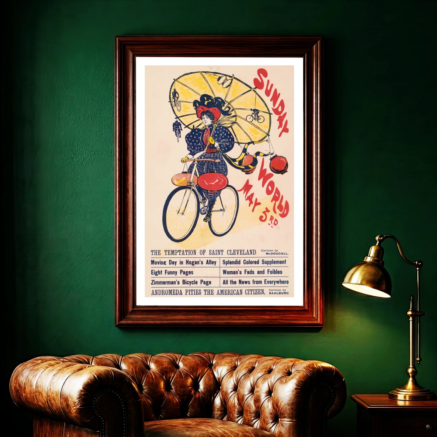 Detailreiche Vintage Illustration aus dem Jahr 1896 mit roter Typografie und Fahrrad-Motiv.