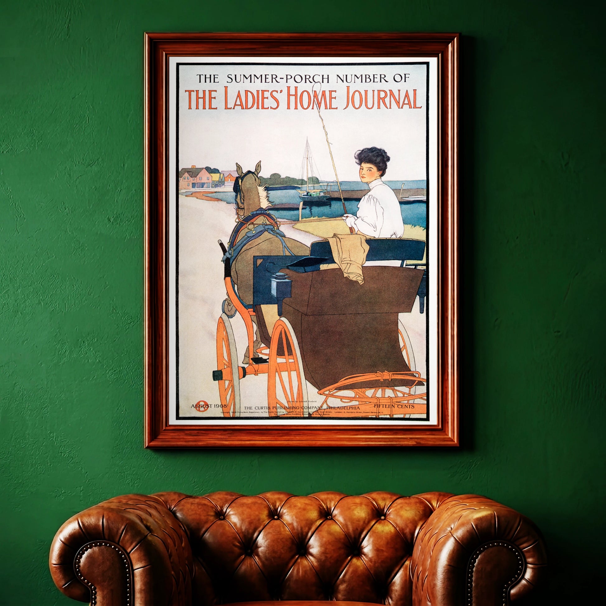Historisches Magazin-Plakat zeigt eine kutschierende Dame und Segelboote im Hintergrund.