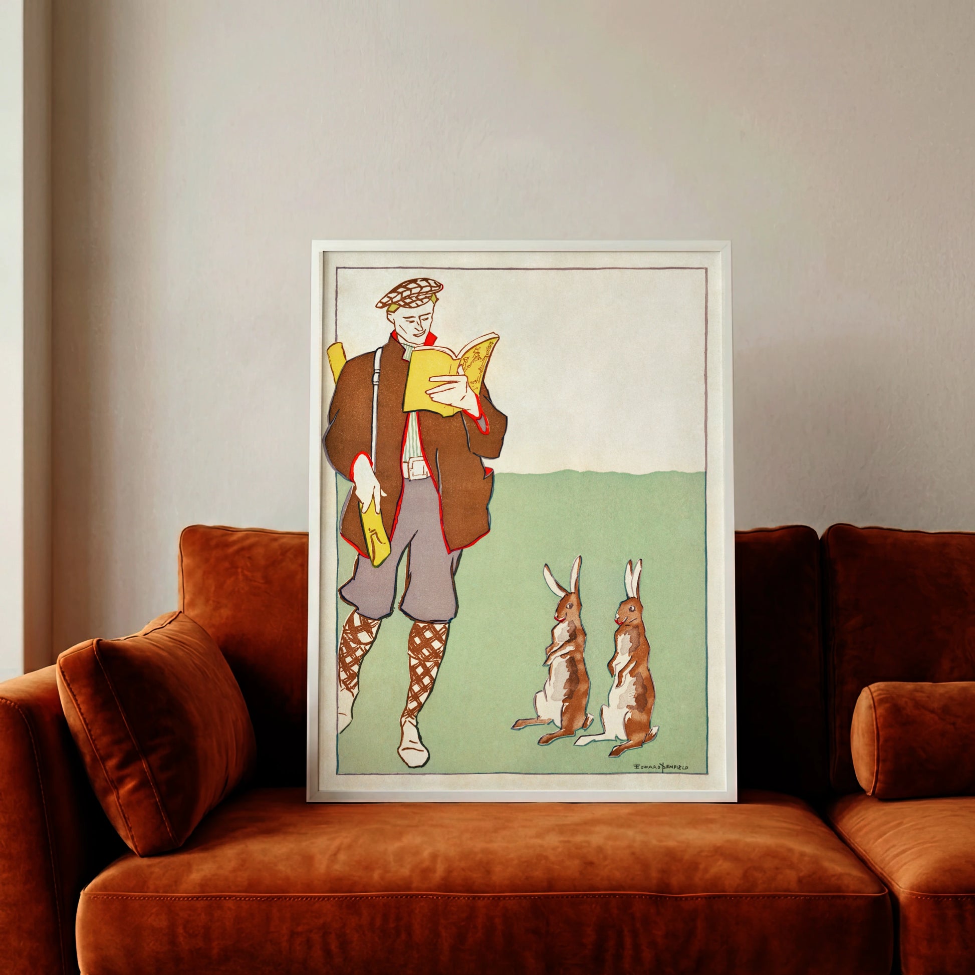 Retro Plakat eines Jägers und zwei Hasen auf grünem Grund im Stil des Art Nouveau.