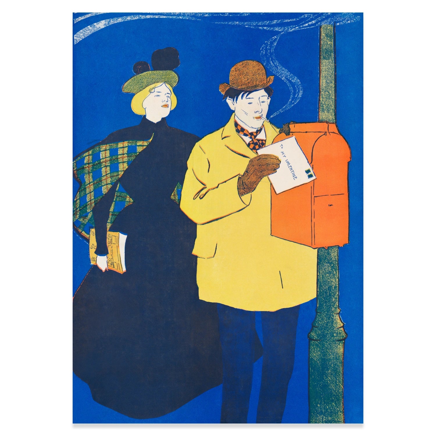 Klassisches amerikanisches Poster-Design von Edward Penfield vor blauem Hintergrund.