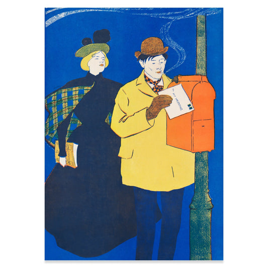 Klassisches amerikanisches Poster-Design von Edward Penfield vor blauem Hintergrund.
