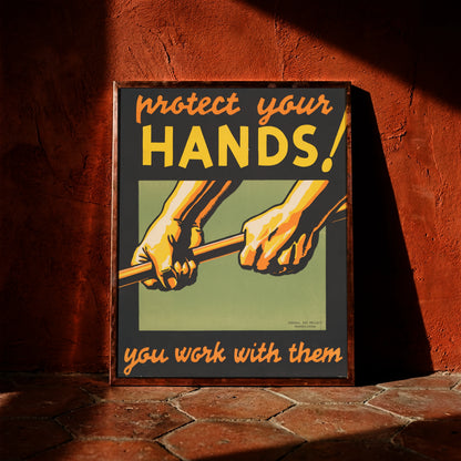 Amerikanisches Federal Art Project Plakat aus dem Jahr 1936 zum Thema Arbeitssicherheit.