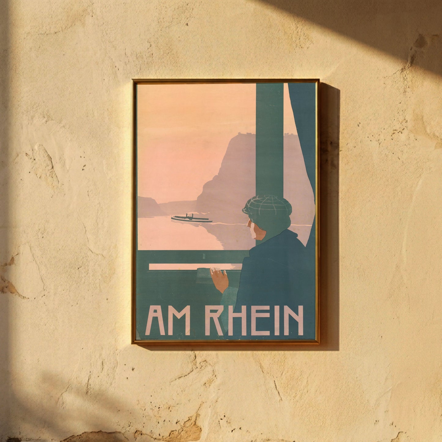 Jugendstil Illustration einer Rheinlandschaft mit Dampfschiff und Bergen in rosa Abendlicht.