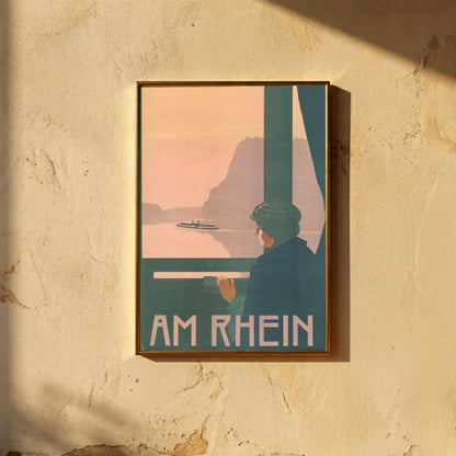 Jugendstil Illustration einer Rheinlandschaft mit Dampfschiff und Bergen in rosa Abendlicht.