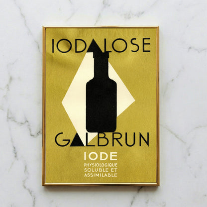 Vintage Poster Iodalose Galbrun mit schwarzer Flaschen-Silhouette auf gelbem Grund.
