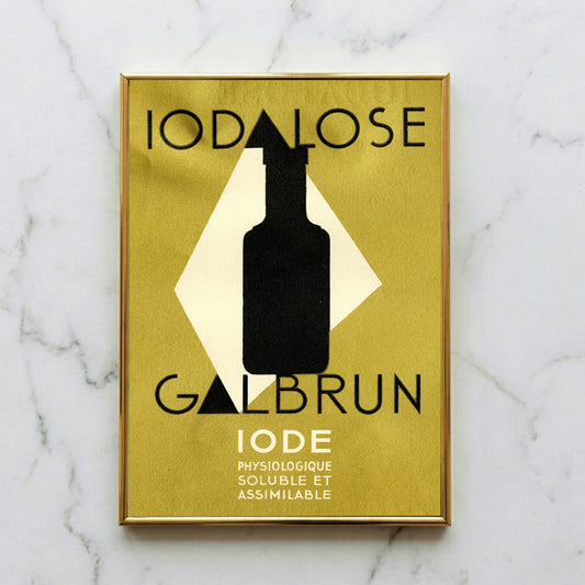 Vintage Poster Iodalose Galbrun mit schwarzer Flaschen-Silhouette auf gelbem Grund.