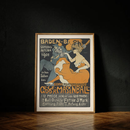 Historisches Plakat von Ivo Puhonny zum Großen Maskenball in Baden-Baden 1901.